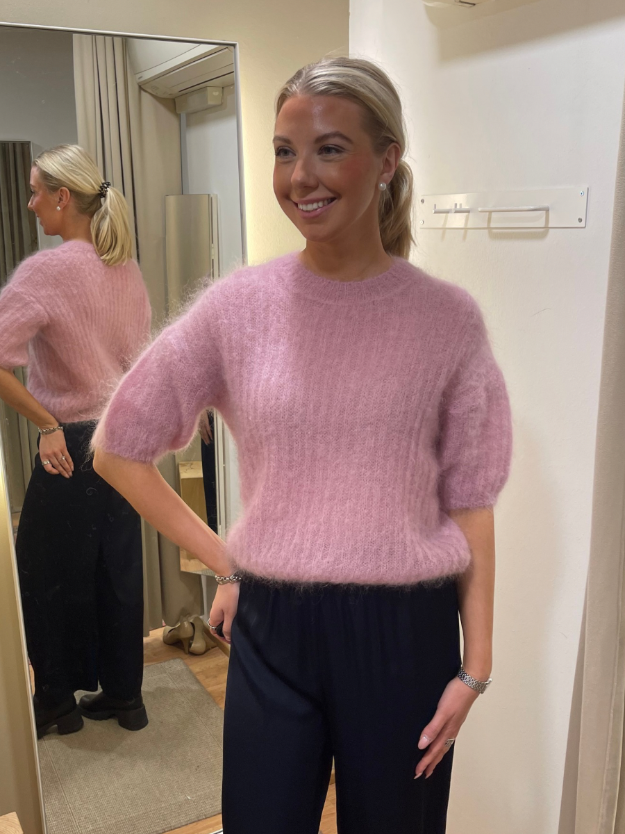 Sointu mohairneule, roosa, valkoinen ja taivaansininen